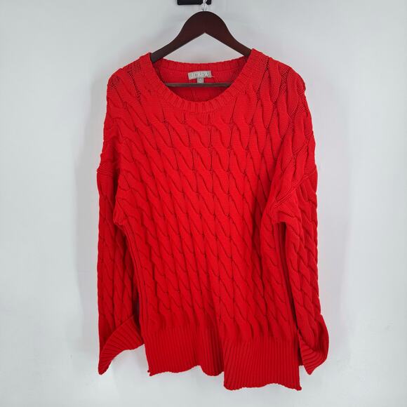 J.Crew Red Cotton Cable Knit Heavy Sweater Size L-XL Side Slit Crewneck Classic - Picture 2 of 10